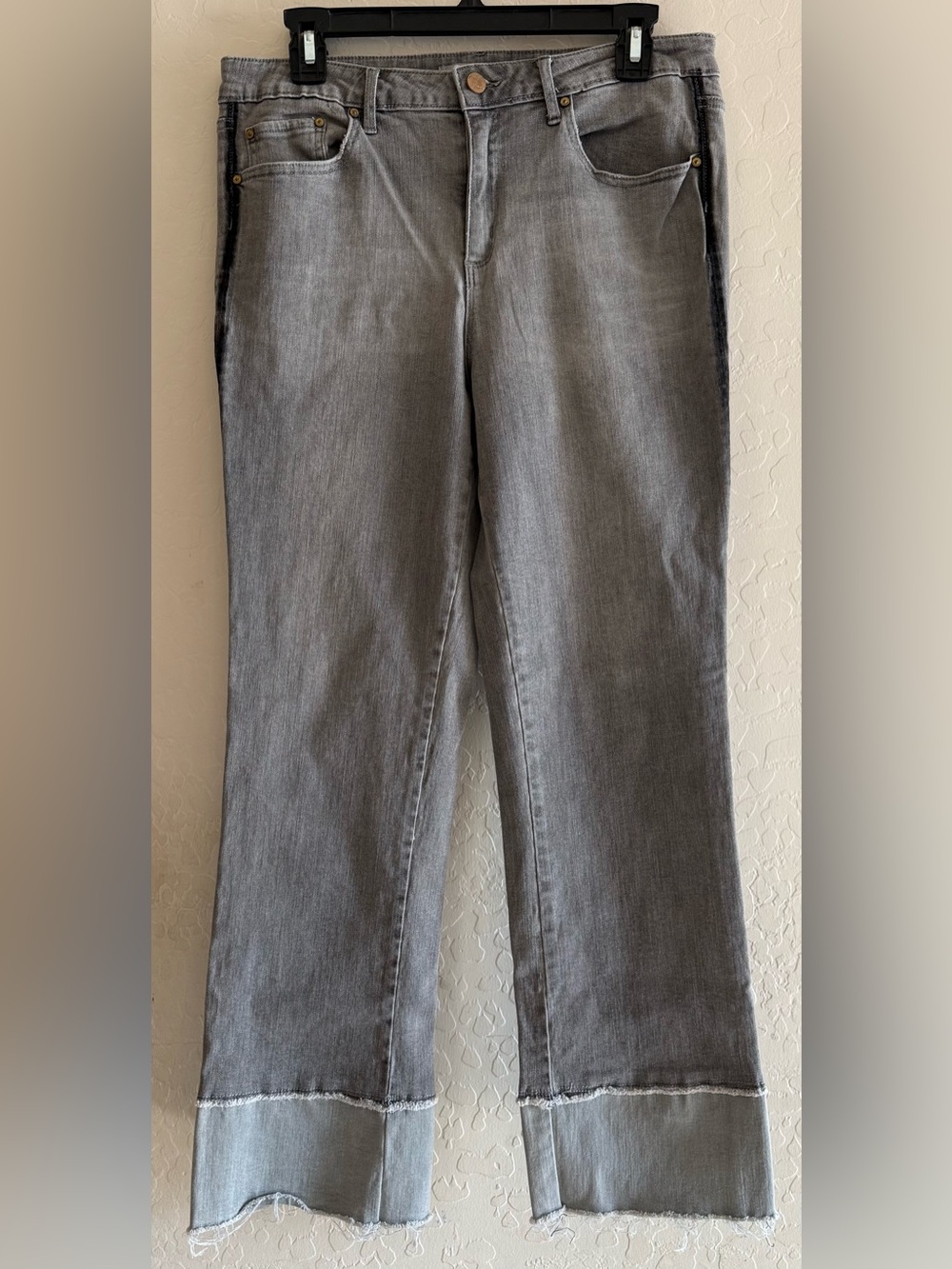 Tractr, 10/30, grey straight leg jeans with wide cuffs